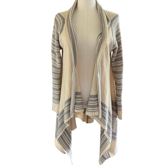 Dreamers Open Front Cardigan Cream Gray Striped Waterfall Hem Aztec Print S/M - Picture 1 of 8